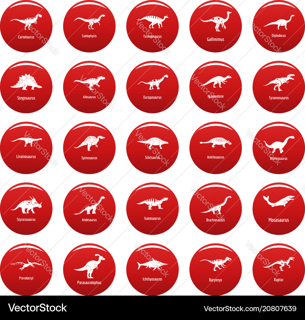 Dinosaur types signed name icons set red Dinosaur types signed name icons set red vector image