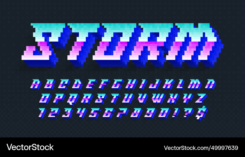 Dynamic pixel alphabet design stylized like in 8 Dynamic pixel alphabet design stylized like in 8 vector image