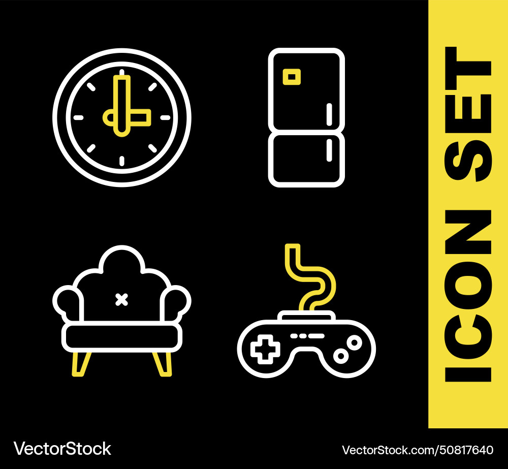 Set line refrigerator gamepad sofa and clock icon Set line refrigerator gamepad sofa and clock icon vector image