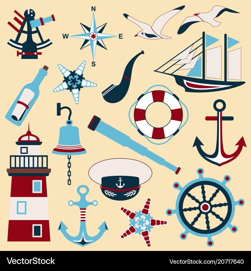 Set of nautical icons and design elements in flat Set of nautical icons and design elements in flat vector image