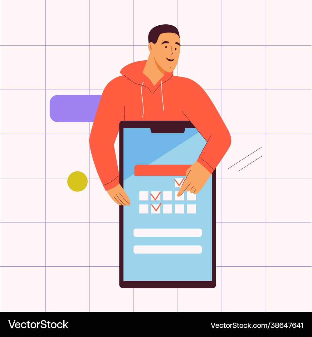 Man planning events on calendar using huge Man planning events on calendar using huge vector image