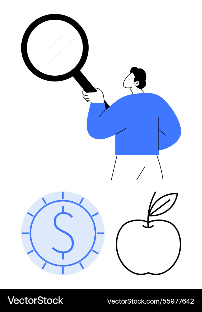 Man inspecting with magnifying glass and symbols Vector Image