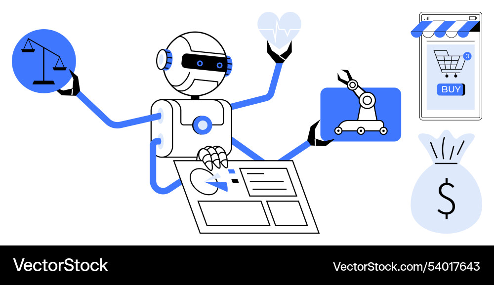 Multifunctional robot handling tasks in various Vector Image