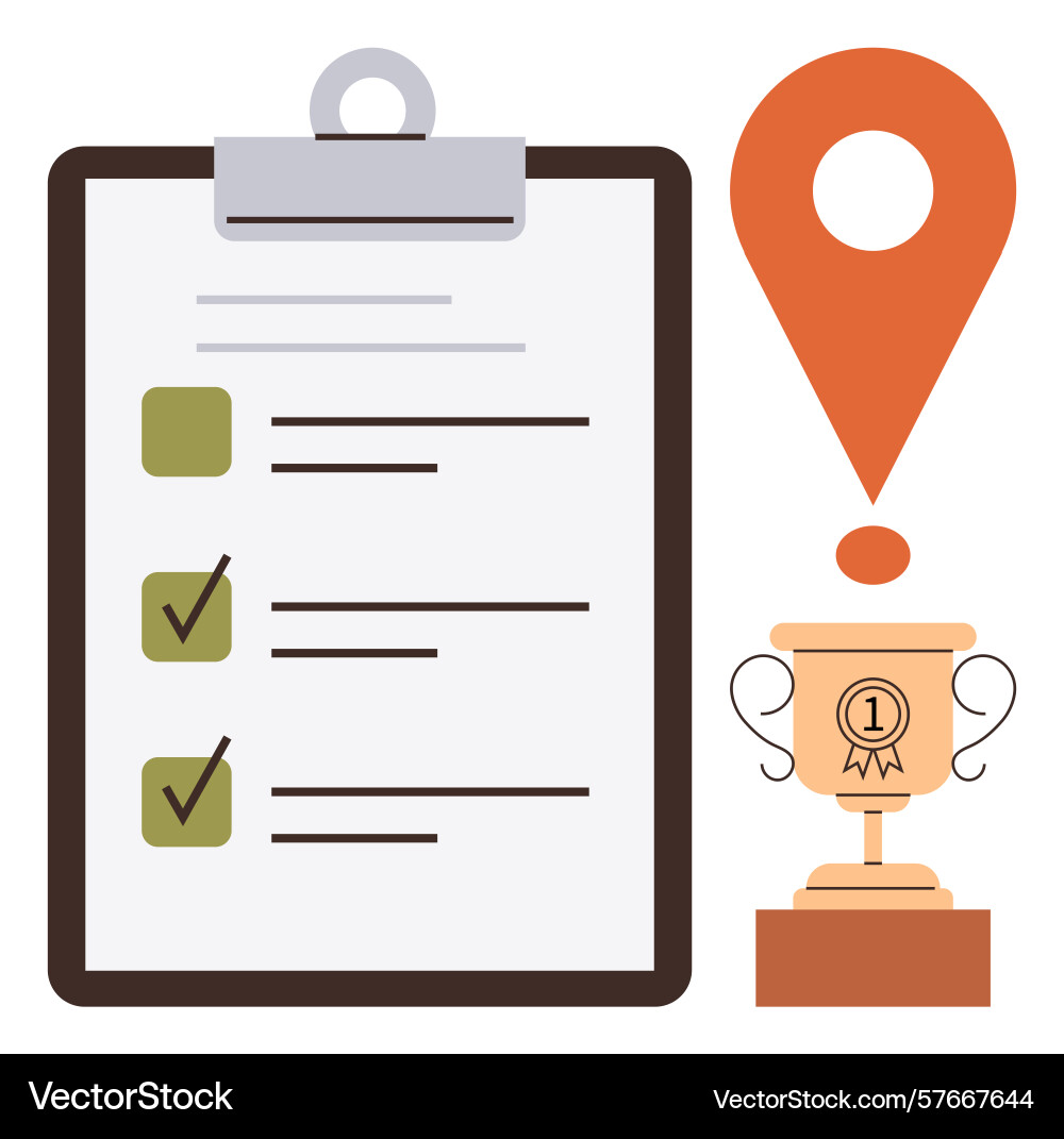 Achievement checklist with trophy and map pointer Achievement checklist with trophy and map pointer vector image