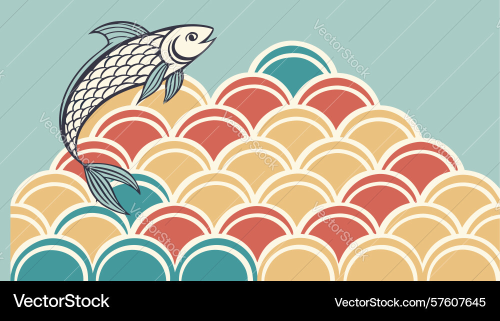 Abstract fish on red wave pattern design vector image