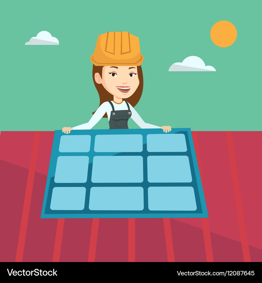 Constructor installing solar panel Vector Image