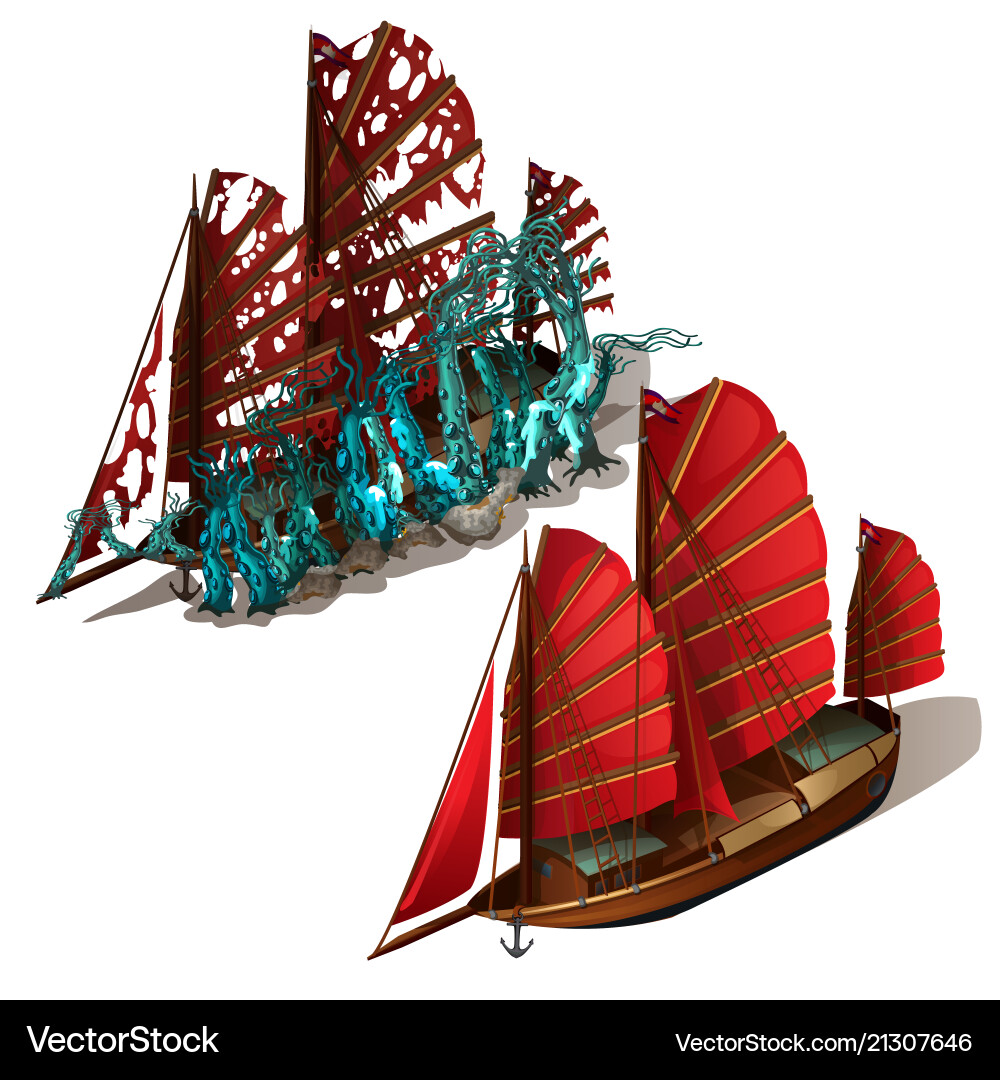 Beautiful old sailboat with red sails isolated Beautiful old sailboat with red sails isolated vector image