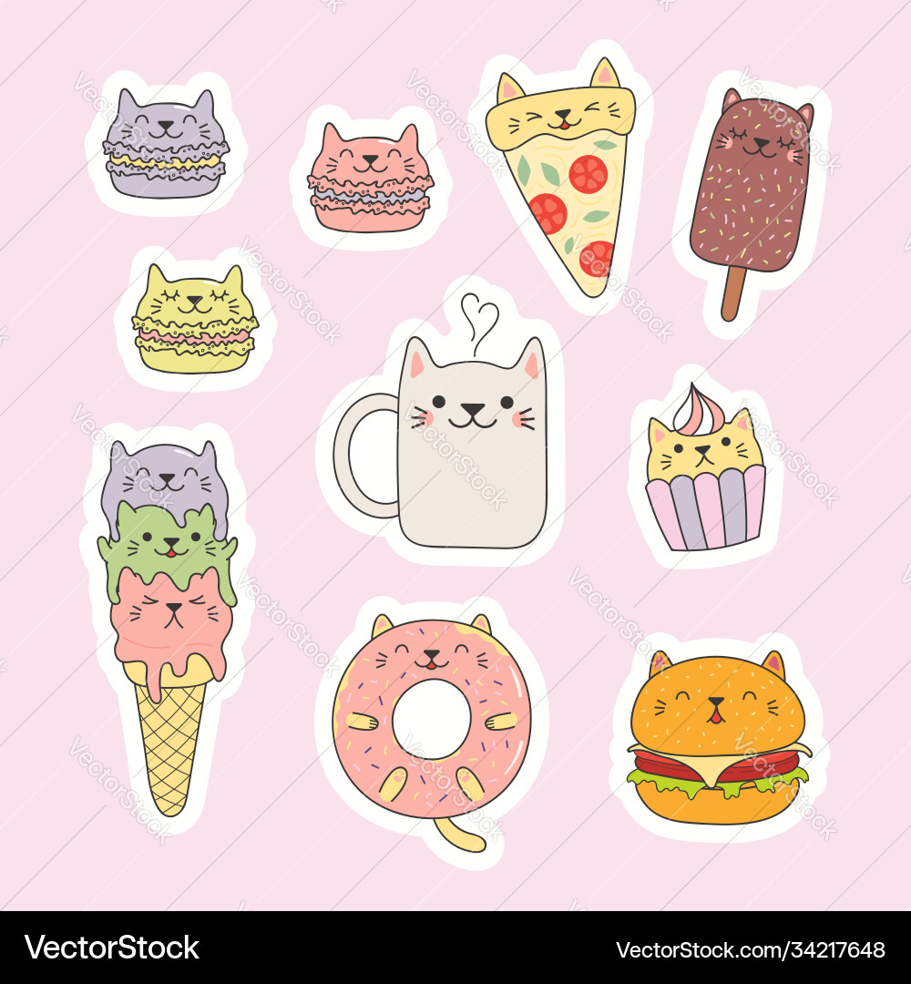 Kawaii cats food stickers set Royalty Free Vector Image