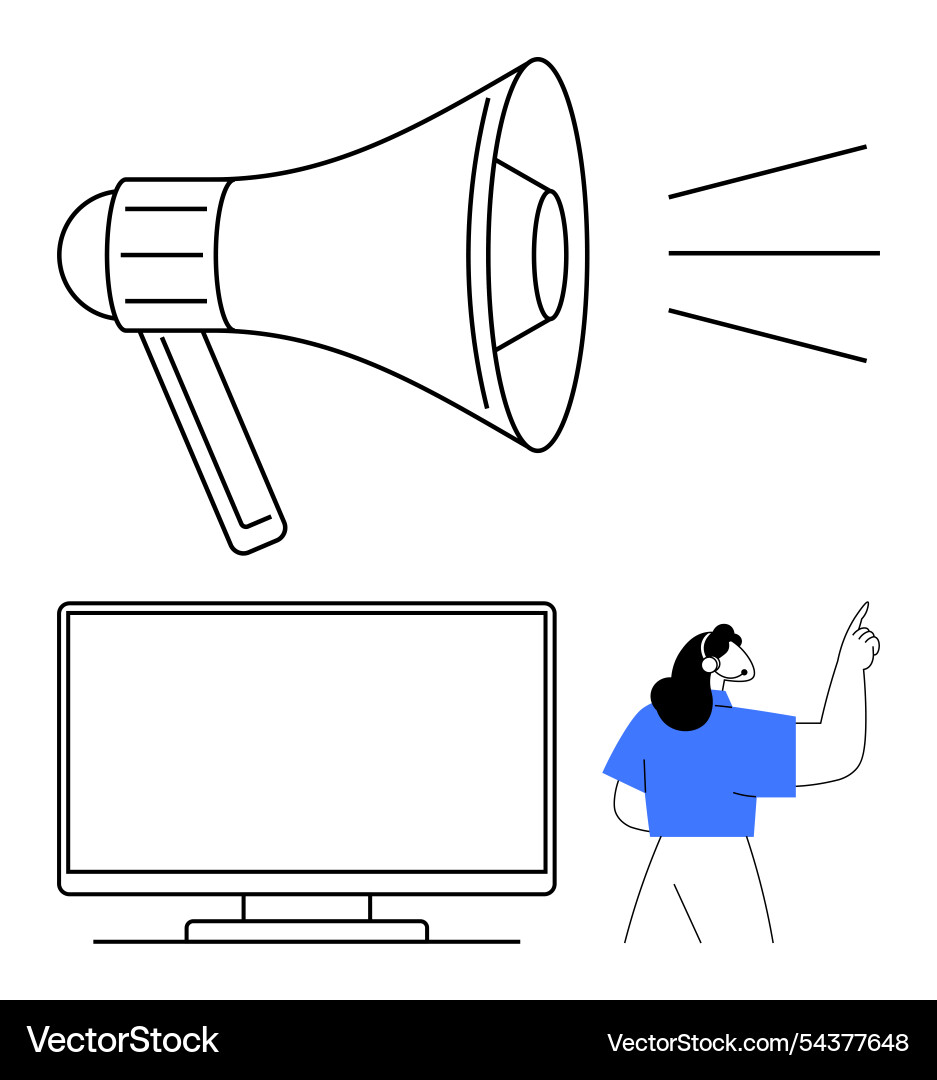 Person pointing at computer monitor with large Person pointing at computer monitor with large vector image