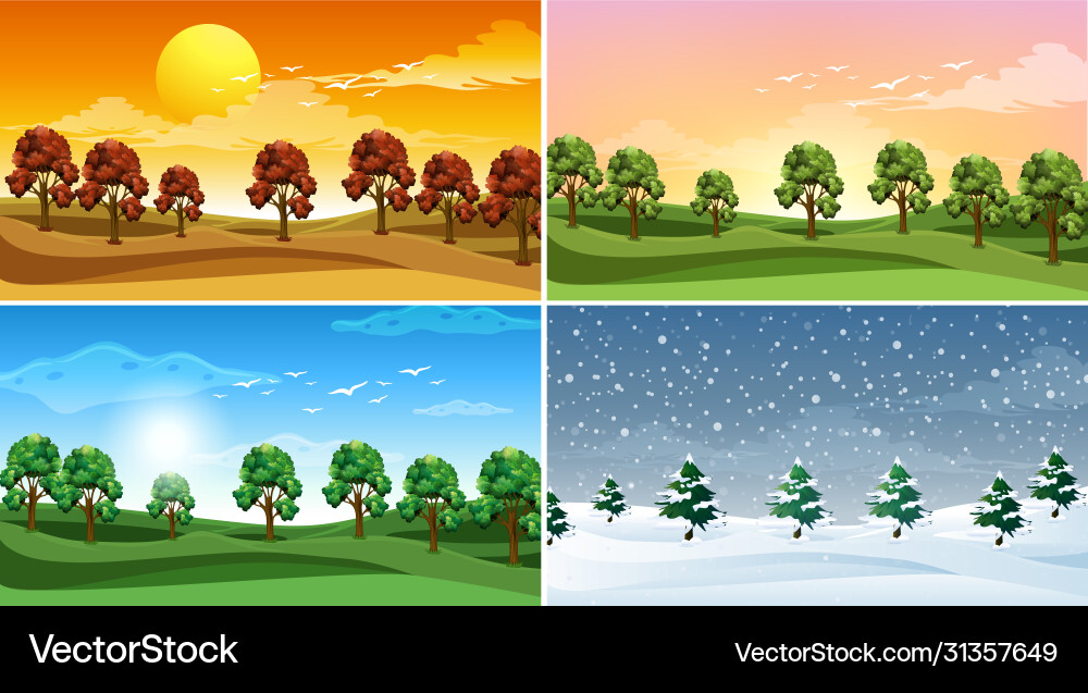 Four background scenes with trees in fields Four background scenes with trees in fields vector image