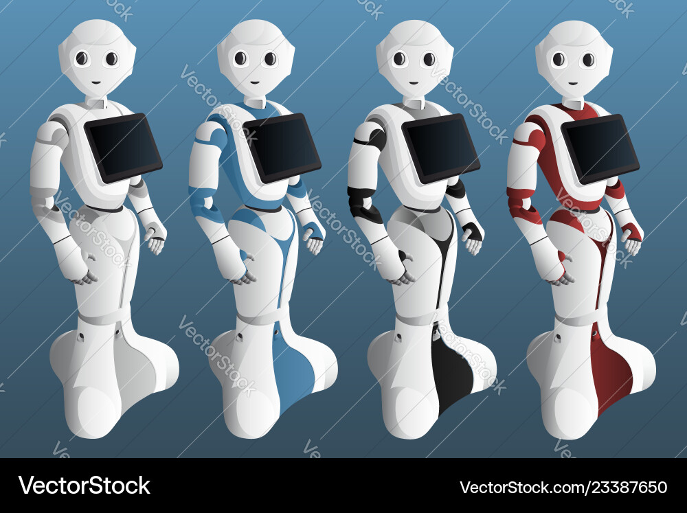 Set of realistic robots with digital tablet Set of realistic robots with digital tablet Vector Image