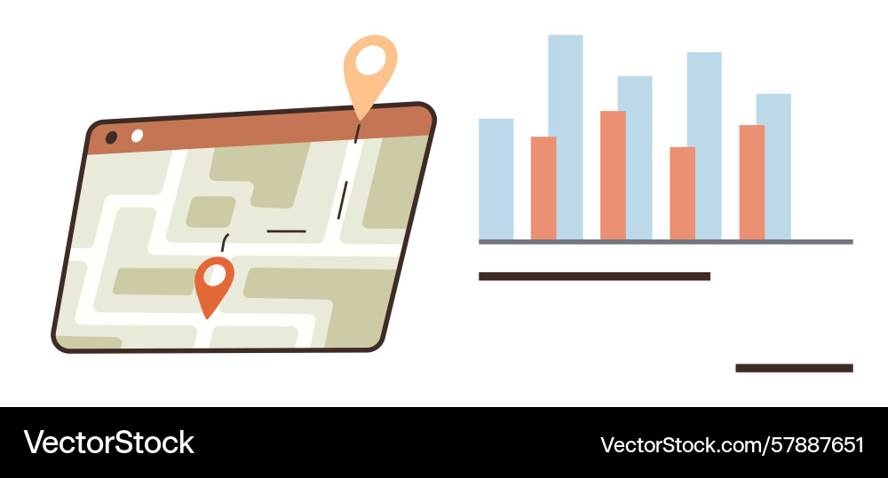 Navigation map with route and bar graph for data Navigation map with route and bar graph for data Vector Image