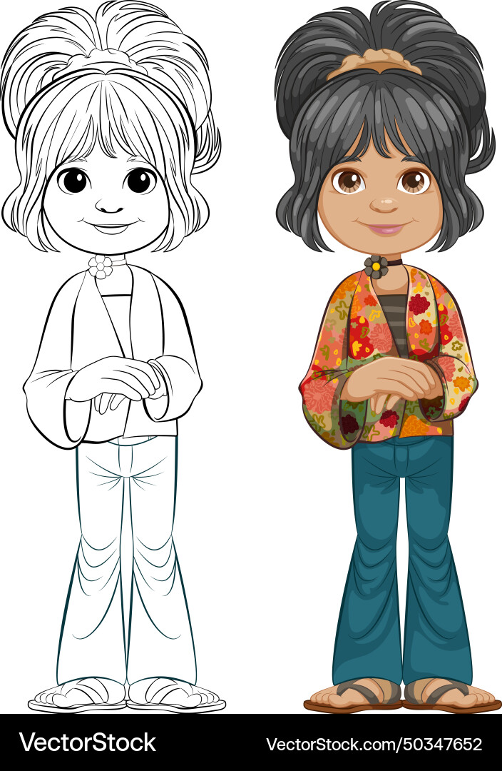 Black and white colored cartoon girl Royalty Free Vector