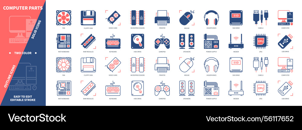 Computer parts solid outline set Royalty Free Vector Image