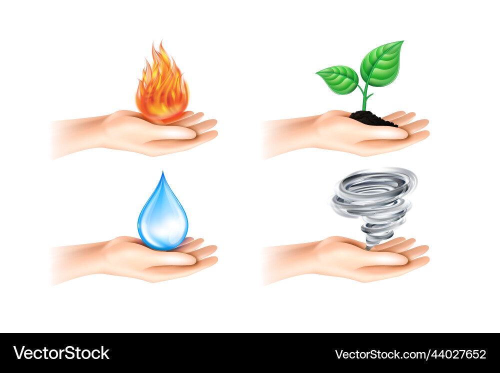 Hand with four nature element fire air water Hand with four nature element fire air water vector image