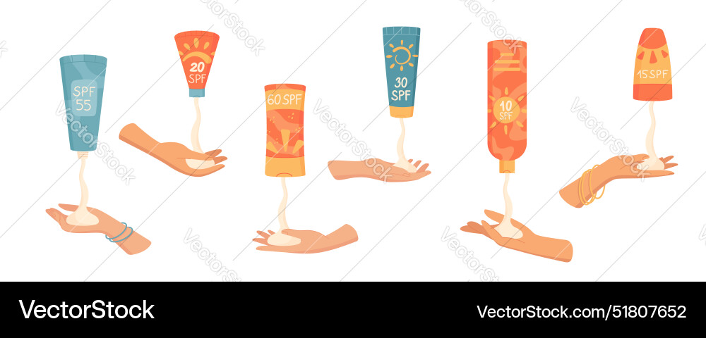 Hands drücken Sonnenschutz Kosmetik-Produktset Hands drücken Sonnenschutz Kosmetik-Produktset vektorbild