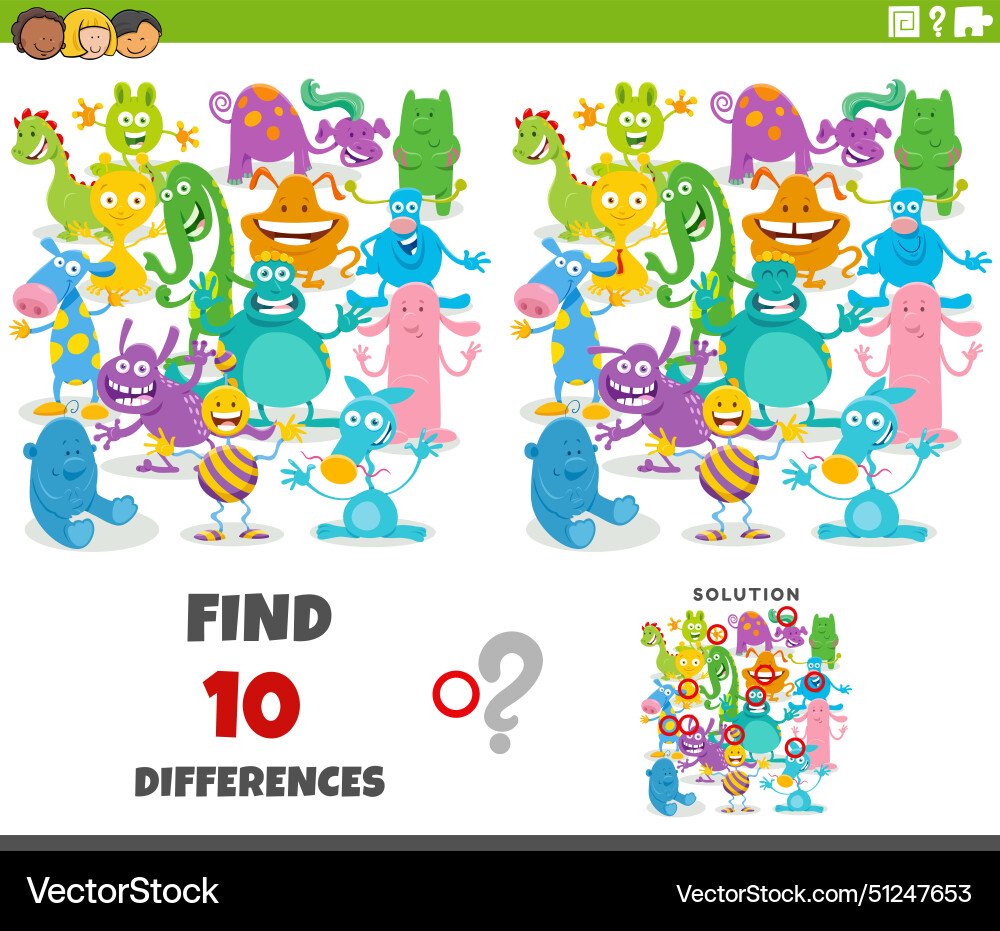 Differences game with cartoon monsters characters Vector Image
