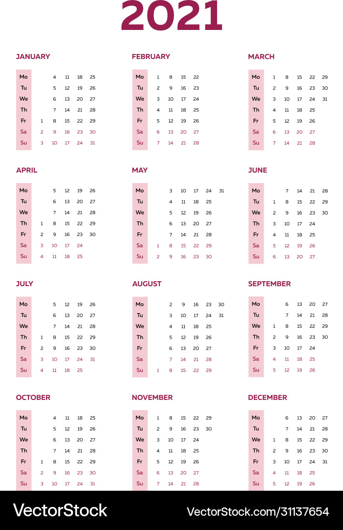 2021 calendar template with left oriented vector image