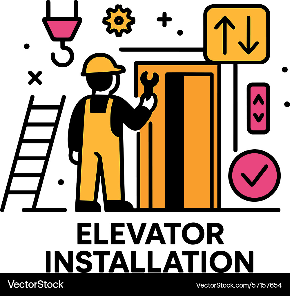 Elevator installation process with a worker using Elevator installation process with a worker using vector image