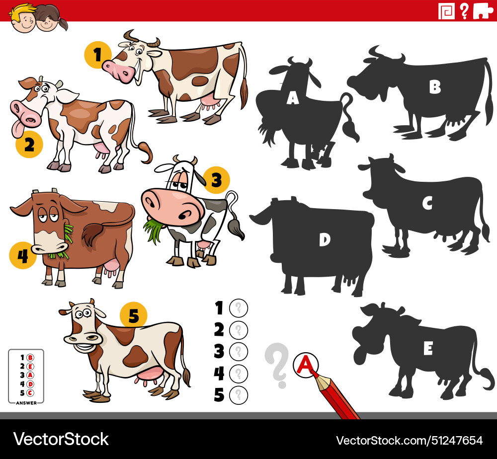 Finding shadows activity with cartoon cows Finding shadows activity with cartoon cows vector image