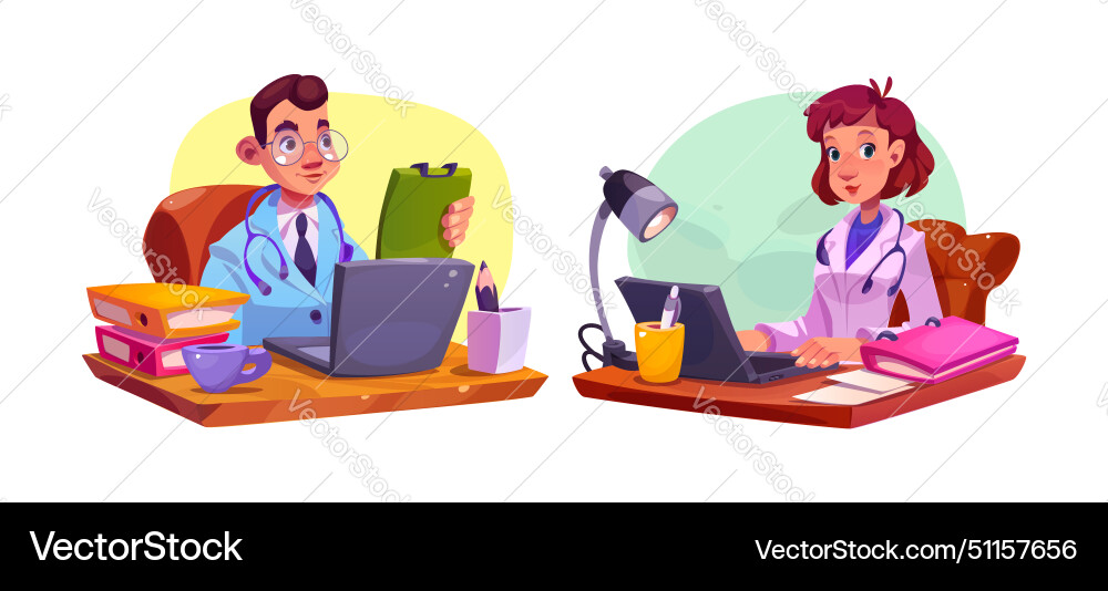 Man doctor on hospital desk with computer Vector Image