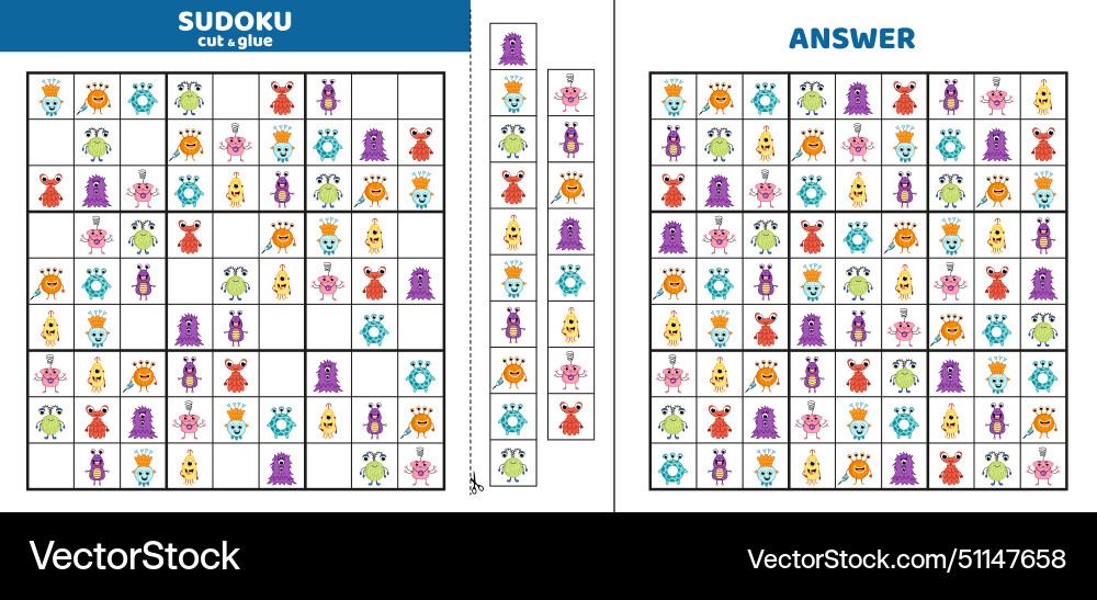Hard sudoku with nine aliens game puzzle Vector Image