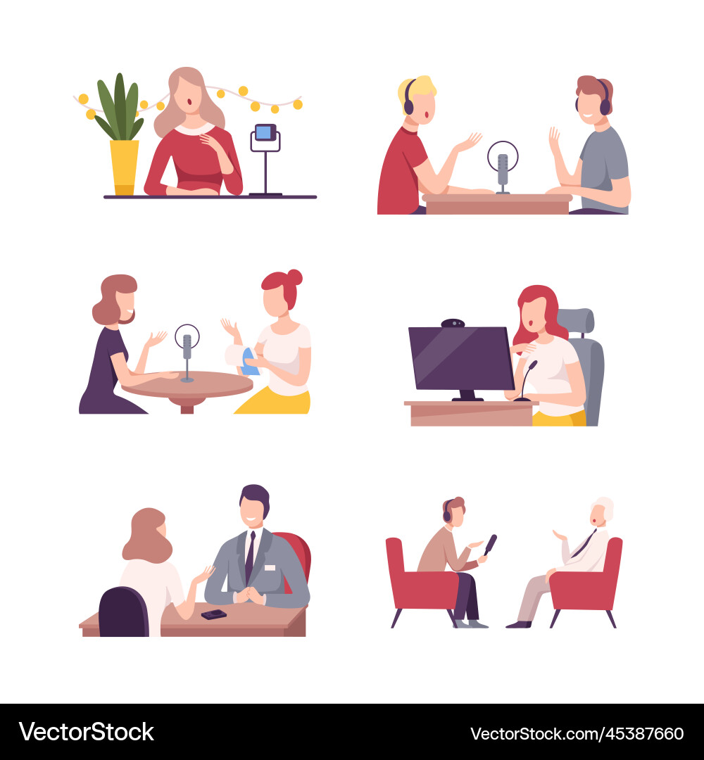 Host interviewing guest communicating in studio Host interviewing guest communicating in studio vector image