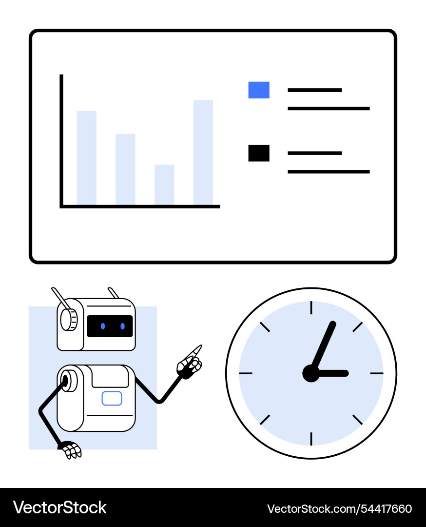 Robot pointing at clock with bar chart and legend Robot pointing at clock with bar chart and legend vector image