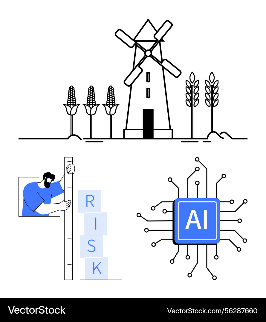 Windmill with crops ai microchip and man Windmill with crops ai microchip and man vector image