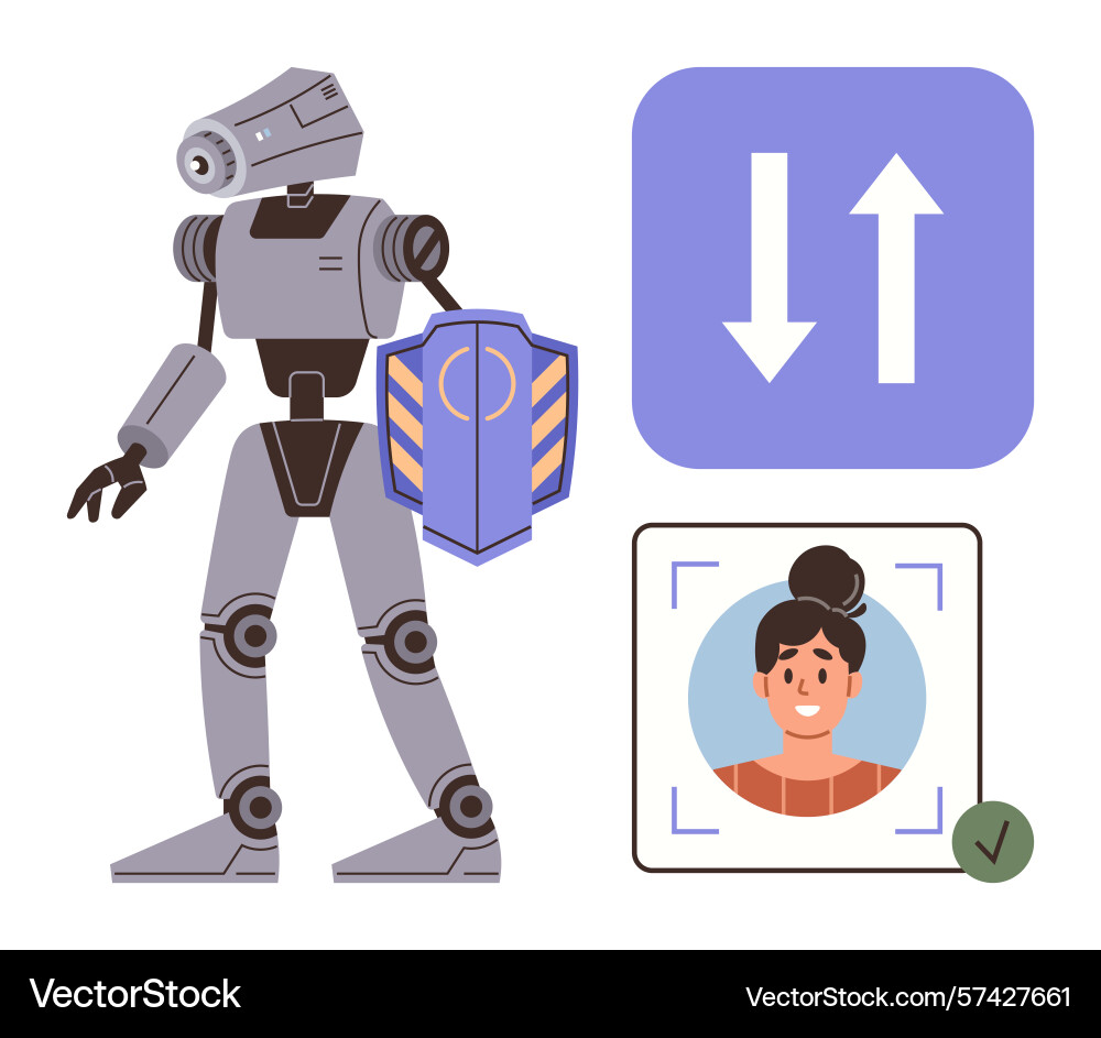 Robot with shield next to biometric face scanning Robot with shield next to biometric face scanning vector image