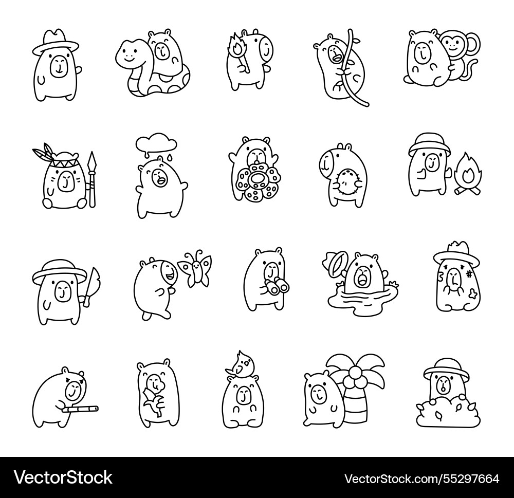Adorable set of capybara characters exploring Adorable set of capybara characters exploring Vector Image