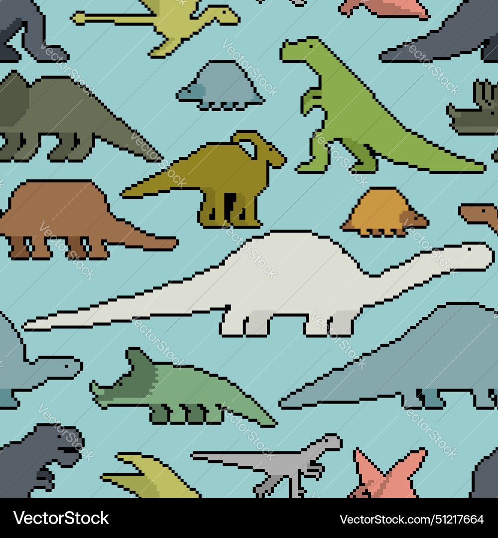 Dinosaurs pixel art seamless pattern 8bit dino Dinosaurs pixel art seamless pattern 8bit dino Vector Image