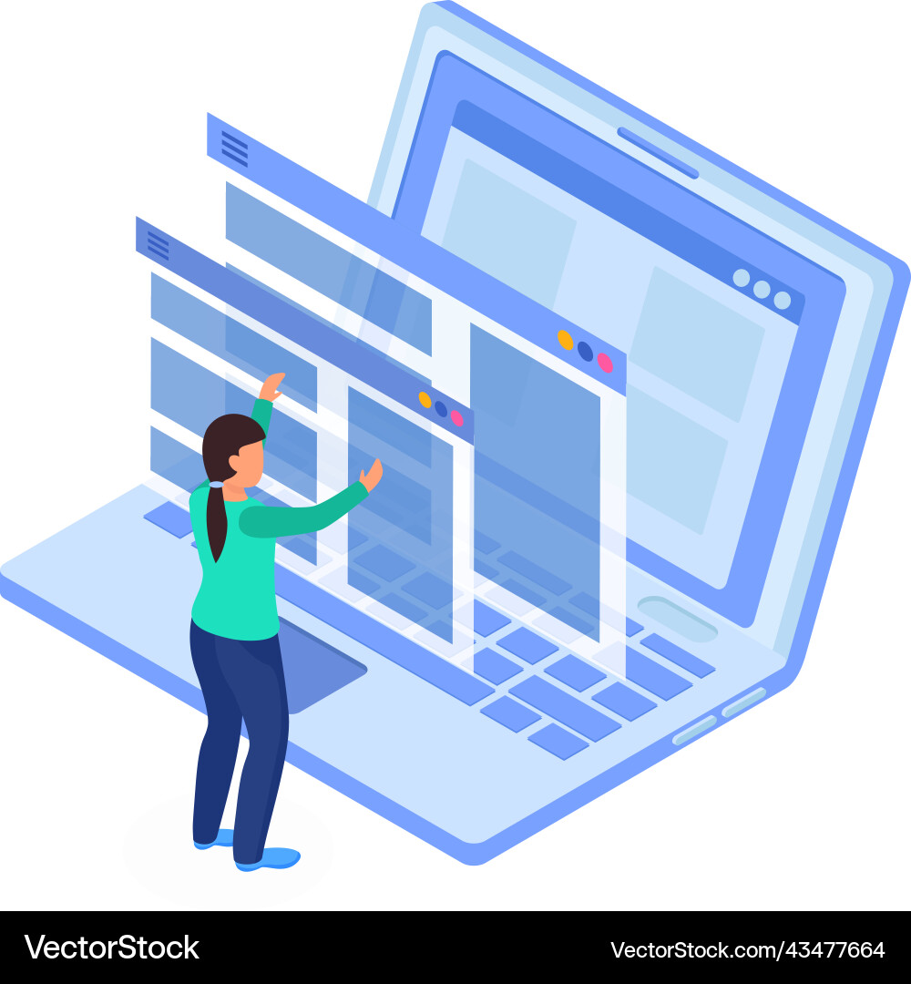 Laptop windows development composition Royalty Free Vector