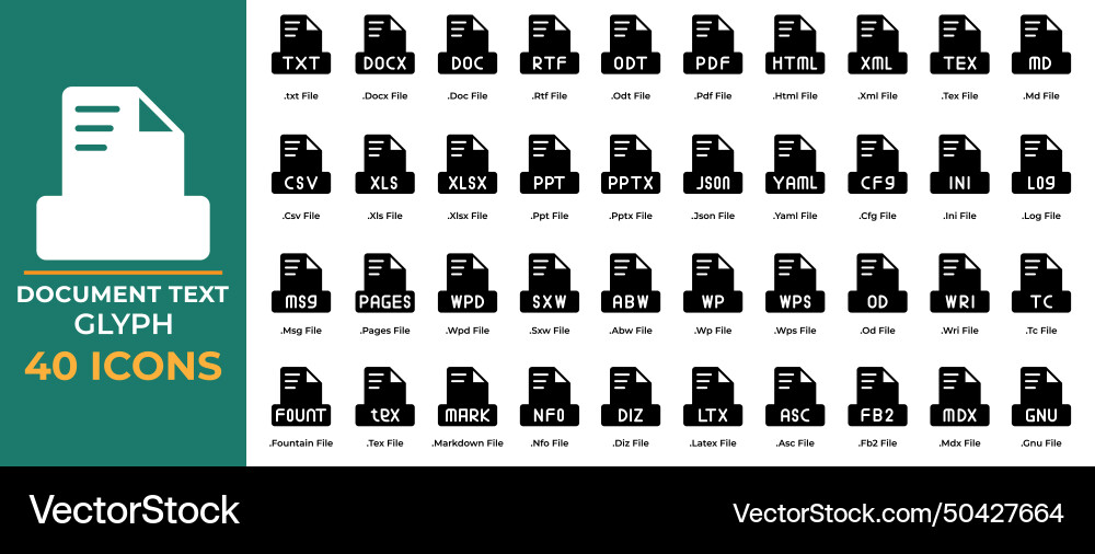 Set of document file text icons glyph style pdf vector image