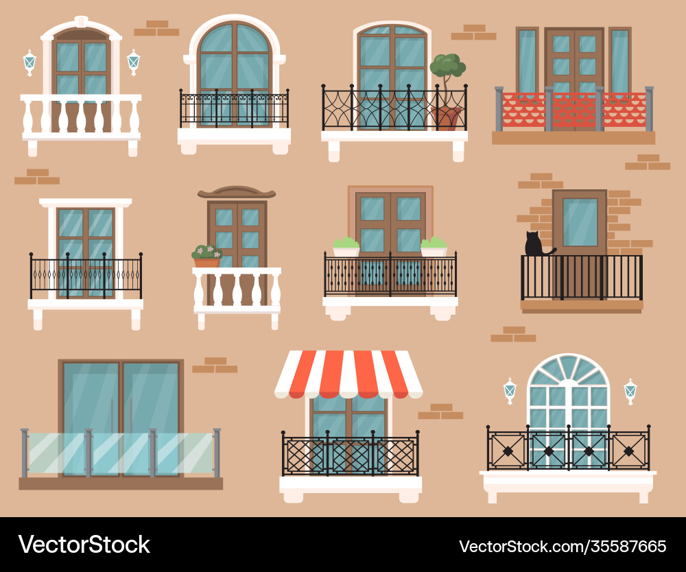 Beautiful decorated balcony flat set for web Vector Image