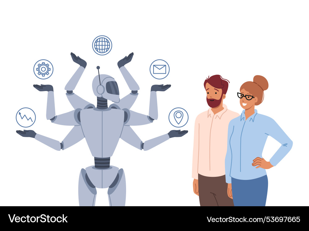 Synergy between multitasking robot and successful Synergy between multitasking robot and successful vector image