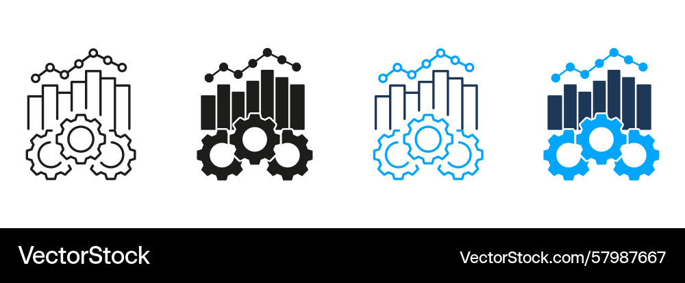 Bar chart and gears line solid icon set data Bar chart and gears line solid icon set data Vector Image