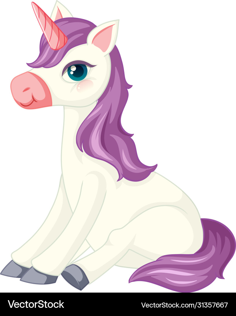 Cute purple unicorn in sitting position on white Cute purple unicorn in sitting position on white vector image