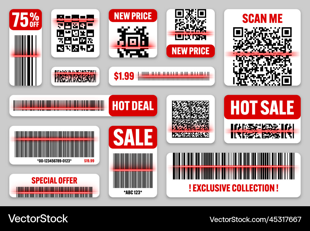 Product barcodes and qr codes with red scanning Product barcodes and qr codes with red scanning vector image