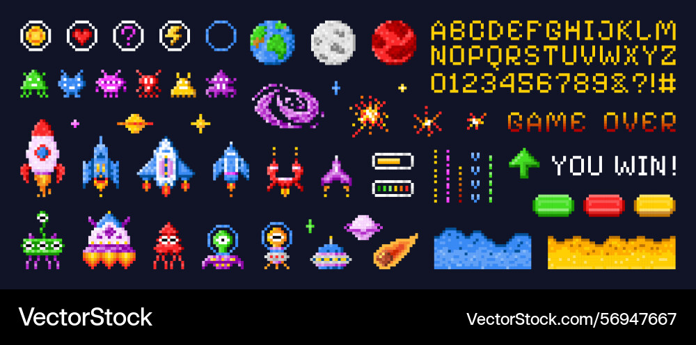 Space arcade interface pixel game spaceship Space arcade interface pixel game spaceship Vector Image