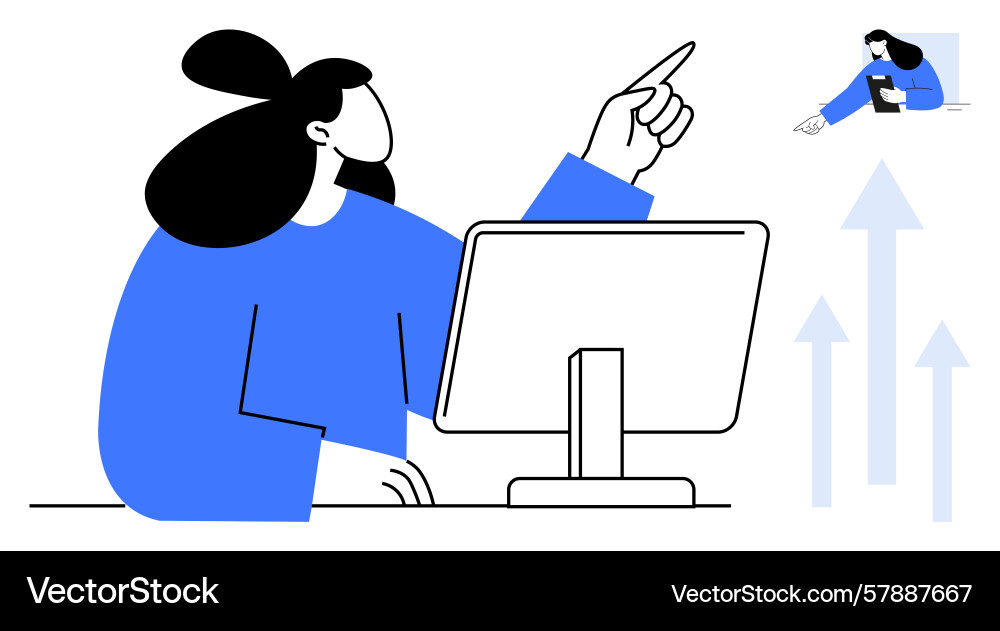 Woman at desk analyzing data on computer pointing Woman at desk analyzing data on computer pointing Vector Image