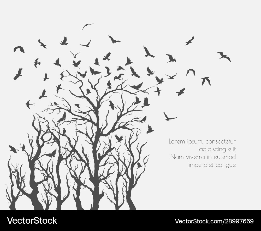 Figure set flock flying birds on tree branch Figure set flock flying birds on tree branch Vector Image