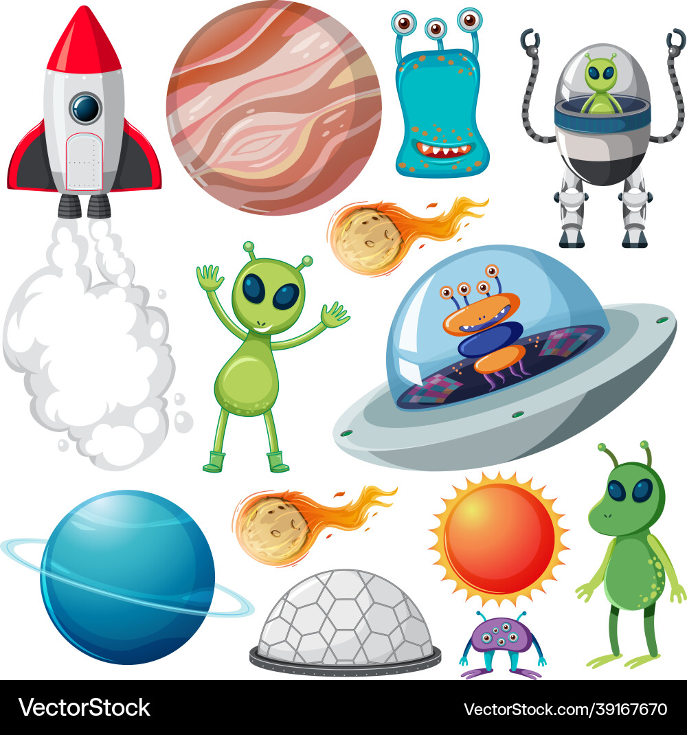 Set of various space objects on white background Set of various space objects on white background Vector Image