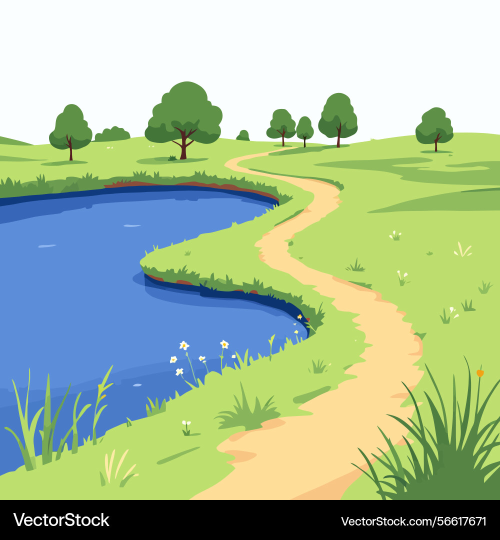 Ai-generated winding path by the lake in a serene Vector Image