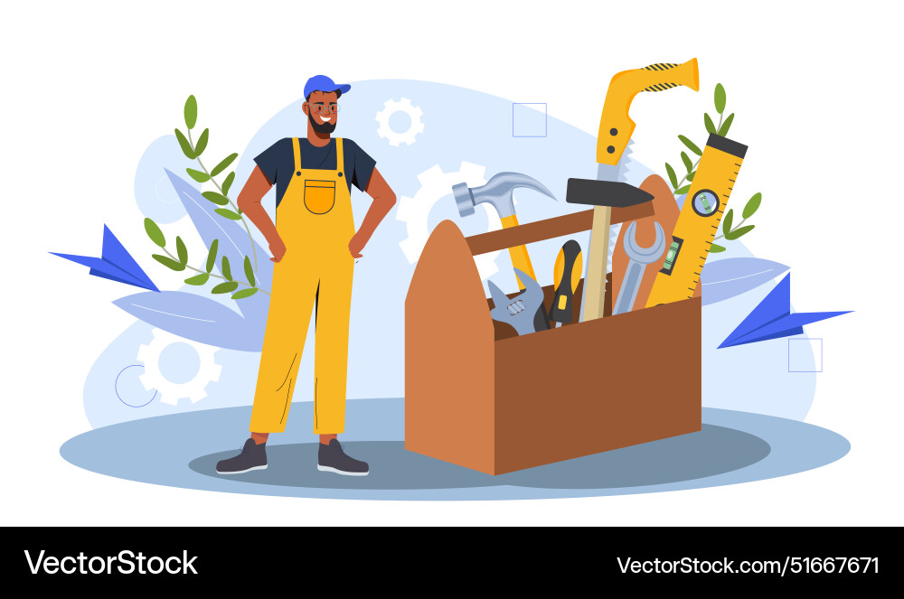 Labour day poster man in uniform stands near box Labour day poster man in uniform stands near box vector image