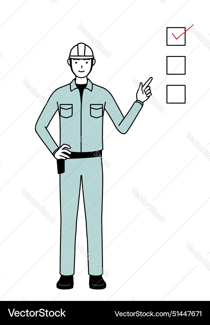 Man in helmet and workwear pointing to a checklist Man in helmet and workwear pointing to a checklist Vector Image
