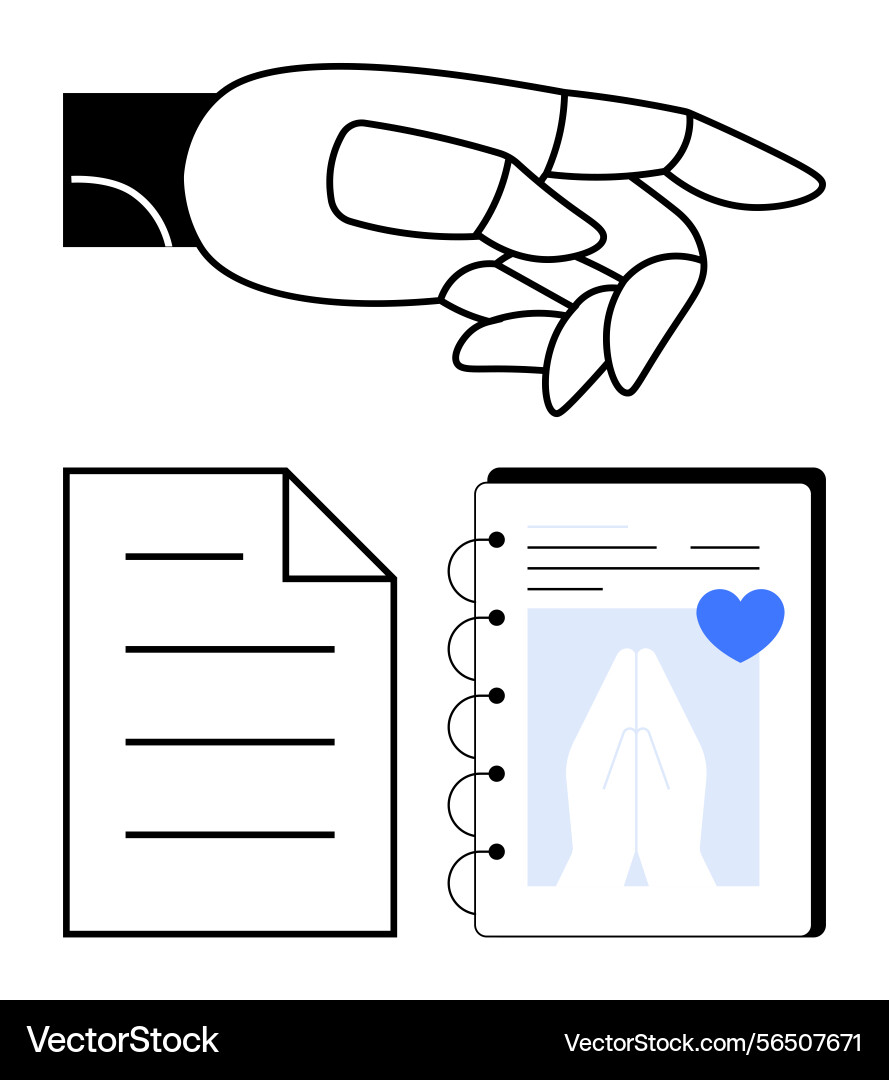 Robotic hand selecting documents with a notebook Robotic hand selecting documents with a notebook vector image