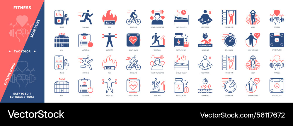 Fitness solid outline set Fitness solid outline set vector image