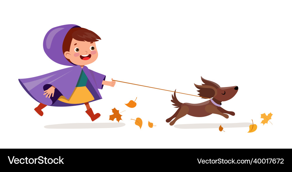 Happy cartoon boy walks with dog autumn Happy cartoon boy walks with dog autumn vector image