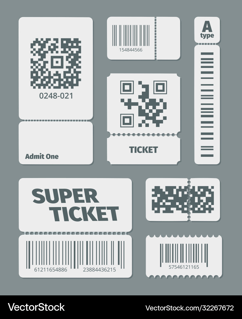 Tickets with barcode qr code set documents Tickets with barcode qr code set documents vector image
